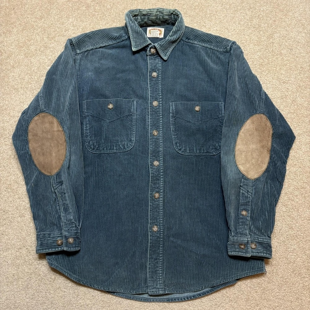 Vtg 80s Banana Republic Safari Corduroy Shirt Mens Medium Blue Suede Elbow Patch